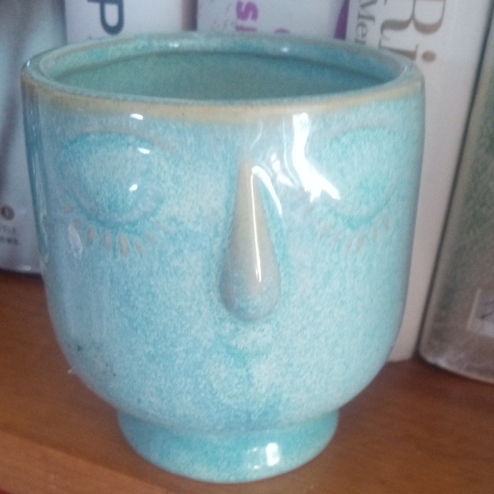 Ceramic Face Pottery Candle Holder/ Air Plant Holder Turquoise